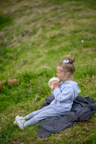 Little Girl Years Old Sits Suit Grass Park Eats Pizza Royalty Free Stock Photos