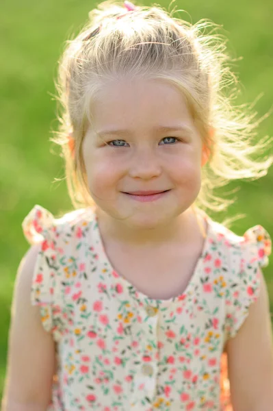 Mała Dziewczynka Lata Letniej Sukience Parku Czas Letni Dziecko Patrzy Obraz Stockowy