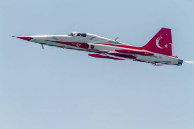 Torre Del Mar, Malaga, İspanya-Temmuz 30: Uçak Northrop F-5 Türk Torre del bir sergi 2 airshow üzerinde 30 Temmuz 2017 yılında Torre del Mar Mar, Malaga, İspanya katılan yıldız