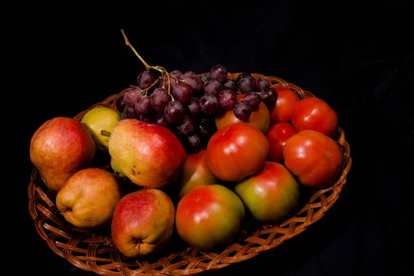Composition Pears Tomatoes Grapes Basket — Stock Photo, Image