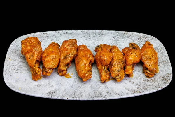 Composition Plate Chicken Wings Buffalo Sauce Black Background — Stock Photo, Image