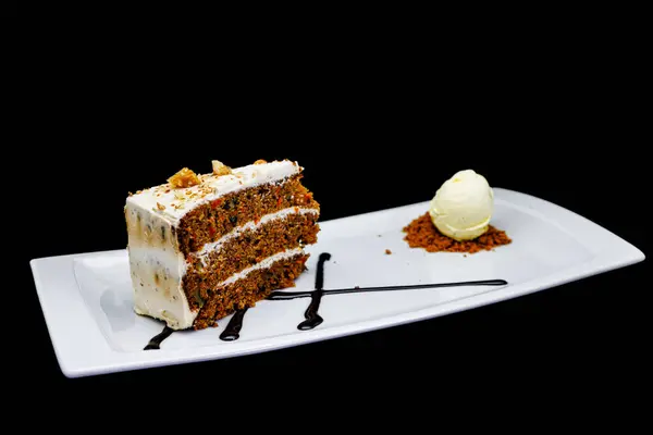 Composition Carrot Cake White Plate Ice Cream Black Background Stock Image