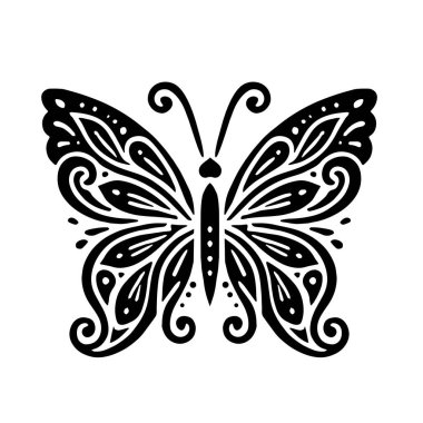 Kıvrımlardan ve noktalardan oluşan siyah gotik kelebek dövme ya da sembol gibi kullanılabilir..