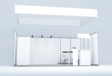 Beyaz arka planda sergi standı. 3d oluşturma