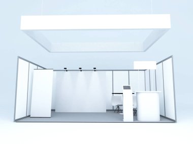 3d rendering of a modern exhibition hall with a large window and a stand on a white background.
