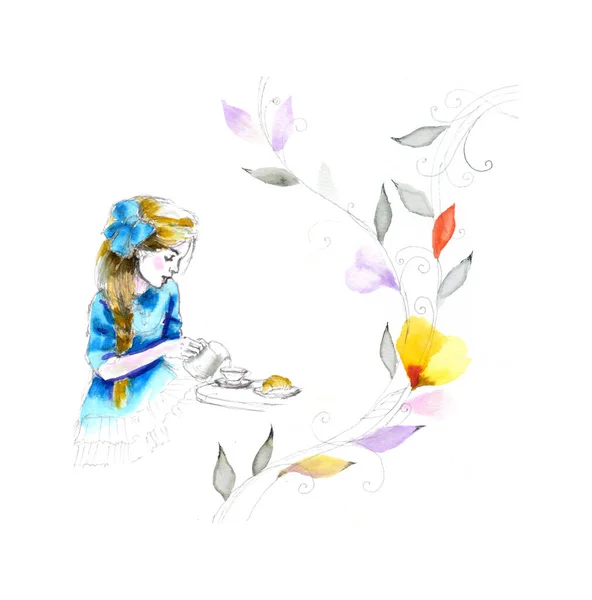Акварельная Иллюстрация Милой Маленькой Девочки — стоковое фото