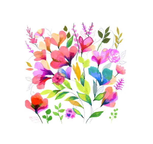 Акварельний Квітковий Візерунок Квітами Листям Бутонами Гілками Метеликами Квіткою Ілюстрацією — стокове фото