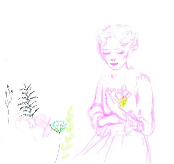 Ζωγραφισμένη Στο Χέρι Απεικόνιση Ενός Κοριτσιού Ένα Λουλούδι — Φωτογραφία Αρχείου