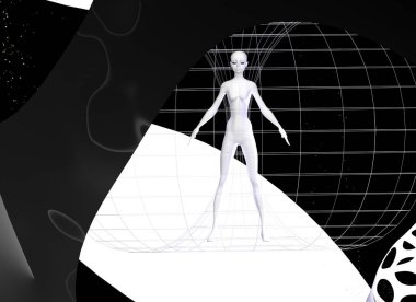 Enerji alanı illüstrasyonu. 3 boyutlu görüntüleme. Kadın sarmal röntgen cihazının içinde.