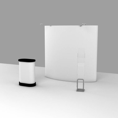 Ticaret standı, sergi dairesi, sergi ekipmanlarının 3 boyutlu görüntülenmesi, beyaz arka planda reklam alanı, metin reklamları için yer.