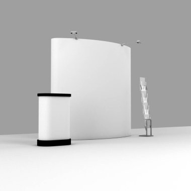 Ticaret standı, sergi dairesi, sergi ekipmanlarının 3 boyutlu görüntülenmesi, beyaz arka planda reklam alanı, metin reklamları için yer.