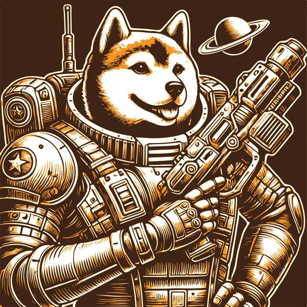 Shiba Dog uzay giysisi içinde gravür stili tişört baskısı 