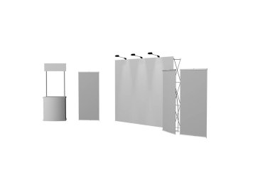 Ticaret standı, sergi dairesi, sergi ekipmanlarının 3 boyutlu görüntülenmesi, beyaz arka planda reklam alanı, metin reklamları için yer.