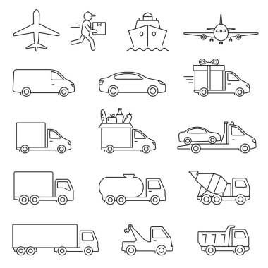 Nakliye simgesi ayarlandı. Vektör izole illüstrasyon. Satır sanatı.