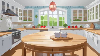 Güzel yuvarlak ahşap masa ve parlak mutfak arka planında tezgah..