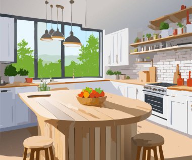 Güzel yuvarlak ahşap masa ve parlak mutfak arka planında tezgah..