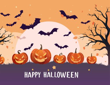 Mutlu Cadılar Bayramı afişleri. Cadılar Bayramınız kutlu olsun. Balkabakları ve yarasalar.