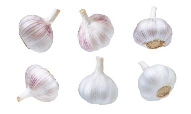 Sarımsak soğanı seti izole edildi. Beyaz arkaplanda karanfil olan sarımsak soğanları.