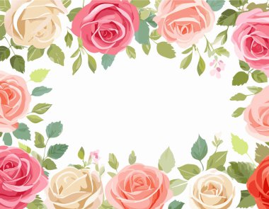 Beyaz arka planda gül. Çiçek gülü, yeşil yapraklar. Poster, çiçekli tebrik kartı konsepti. Vektör illüstrasyonu