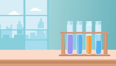 Analitik, tıbbi, ilaç ve bilimsel araştırma konsepti için sıvı içeren cam laboratuvar kimyasal test tüpleri