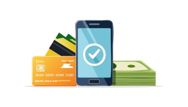 Teknoloji ve iş konsepti için beyaz arka planda izole edilmiş, modaya uygun düz stil banknotlu akıllı telefon