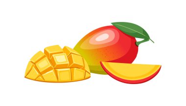 Beyaz arka planda kesilmiş küp ve dilimlerle taze olgun mango meyveleri. Yaz için tropik meyve konsepti, sağlıklı yiyecekler ve egzotik besin örnekleri..