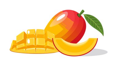 Beyaz arka planda kesilmiş küp ve dilimlerle taze olgun mango meyveleri. Yaz için tropik meyve konsepti, sağlıklı yiyecekler ve egzotik besin örnekleri..