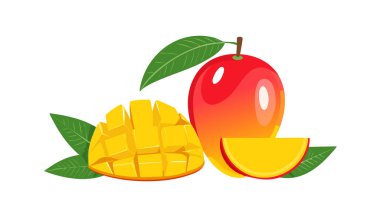 Beyaz arka planda kesilmiş küp ve dilimlerle taze olgun mango meyveleri. Yaz için tropik meyve konsepti, sağlıklı yiyecekler ve egzotik besin örnekleri..