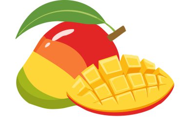 Beyaz arka planda kesilmiş küp ve dilimlerle taze olgun mango meyveleri. Yaz için tropik meyve konsepti, sağlıklı yiyecekler ve egzotik besin örnekleri..