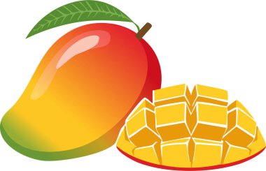 Beyaz arka planda kesilmiş küp ve dilimlerle taze olgun mango meyveleri. Yaz için tropik meyve konsepti, sağlıklı yiyecekler ve egzotik besin örnekleri..