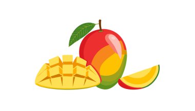 Beyaz arka planda kesilmiş küp ve dilimlerle taze olgun mango meyveleri. Yaz için tropik meyve konsepti, sağlıklı yiyecekler ve egzotik besin örnekleri..