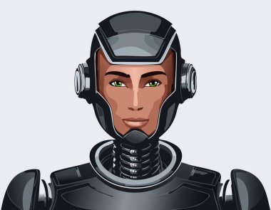 İleri teknoloji zırh ve kulaklıklı, vektör karikatür tarzında tasarlanmış gelecekçi insansı robotlar. Yapay zeka teknolojisi, robot bilimi, yenilik ve bilim kurgu temalı dijital projeler için mükemmel. UX / UI tasarımı, oyun, web ve gelecekteki teknoloji çizimleri için ideal