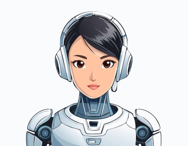 İleri teknoloji zırh ve kulaklıklı, vektör karikatür tarzında tasarlanmış gelecekçi insansı robotlar. Yapay zeka teknolojisi, robot bilimi, yenilik ve bilim kurgu temalı dijital projeler için mükemmel. UX / UI tasarımı, oyun, web ve gelecekteki teknoloji çizimleri için ideal