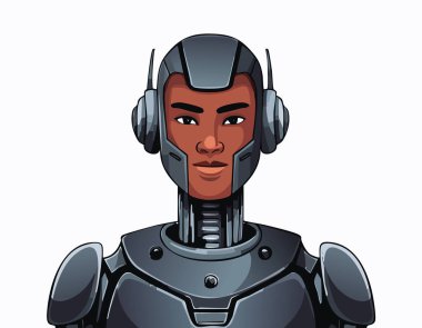 İleri teknoloji zırh ve kulaklıklı, vektör karikatür tarzında tasarlanmış gelecekçi insansı robotlar. Yapay zeka teknolojisi, robot bilimi, yenilik ve bilim kurgu temalı dijital projeler için mükemmel. UX / UI tasarımı, oyun, web ve gelecekteki teknoloji çizimleri için ideal