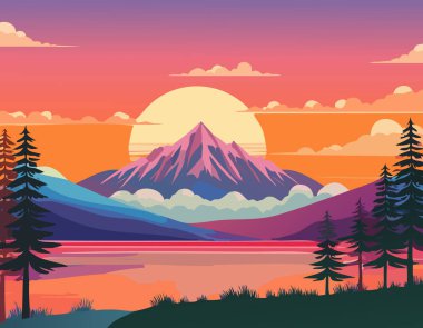 Gün batımında görkemli dağların ve çam ağaçlarının vektör manzarası, pembe, turuncu ve mor gökyüzünün renkleri sakin bir göle yansıyor. Seyahat, doğa veya macera temalı sanat eserleri ve arka planlar için ideal.