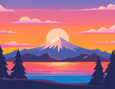 Gün batımında görkemli dağların ve çam ağaçlarının vektör manzarası, pembe, turuncu ve mor gökyüzünün renkleri sakin bir göle yansıyor. Seyahat, doğa veya macera temalı sanat eserleri ve arka planlar için ideal.