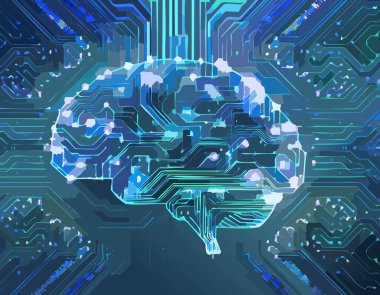 Yapay zekayı, makine öğrenmesini ve nöral ağları sembolize eden devre kartı kalıplarıyla birleştirilmiş dijital bir beynin gelecekteki çizimi. Bu canlı ve modern tasarım teknoloji sunumları için idealdir.