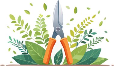 Taze yeşil yapraklarla çevrili turuncu saplı bahçe makaslarının vektör çizimi, bahçeciliği, doğa bakımını ve açık hava yaşam tarzını sembolize ediyor..