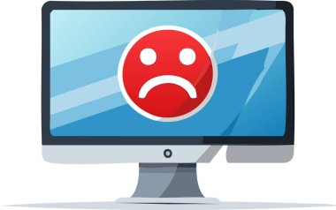 Kırık ekran ve uyarı ekranı ile kırmızı üzgün yüz simgesini gösteren modern bir düz ekran monitörü, temiz beyaz arkaplan üzerinde bir sistem hatası veya bilgisayar arızasını temsil eder.