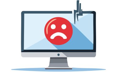 Düz tasarım, merkezinde üzgün bir emoji olan çatlak bir monitör gösteriyor. Teknolojik bir sorunu ya da hata uyarısını simgeliyor. Temiz beyaz arkaplan grafik netliğini arttırır.