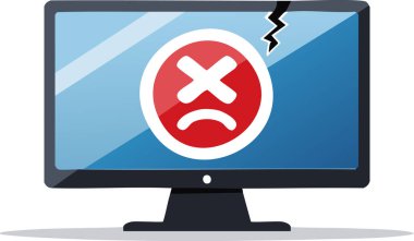 Kırık bir monitördeki üzgün kırmızı emoji bir sistem arızasını ya da bilgisayar arızasını temsil ediyor. Temiz beyaz arkaplan ve basit tasarım hata iletisini açıkça vurgular.