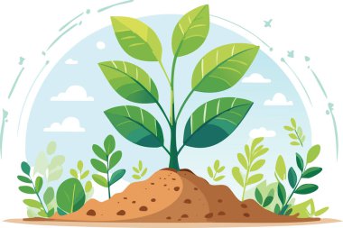 Topraktan çıkan parlak ve stilize olmuş genç ağaç çevresel büyüme ve doğal gelişimi temsil ediyor. Dekoratif temiz sanat eserleri.