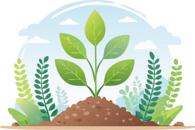 Yumuşak tonlu ve düz şekilli çevre dostu bitki resimleri. Genç bir yeşil bitki zengin topraktan filizlenir, eğitim veya yeşil enerji kavramları için mükemmeldir..