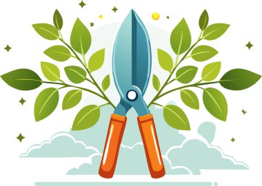 Parlak bahçe budama makası yumuşak röfleli, yemyeşil yaprakları buduyor, temiz ve oyuncu bir düz tasarım..