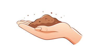 Beyaz bir tuvalin üzerinde taze toprak taşıyan bir el, doğa ve tarım kavramlarını ifade ediyor.