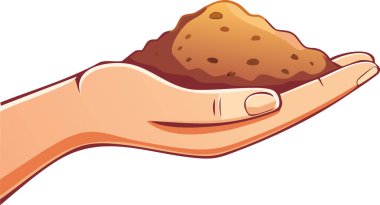 Toprağı nazikçe tutan çiftçiliği ve toprak bakımını simgeleyen düz beyaz bir zemin üzerinde düz renkli bir stil.