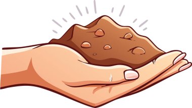 Tarım temaları için beyaz arka planda gösterilen temiz çizgiler ve basit renk tonlarıyla dolu zengin bir toprak yığınını tutan el.