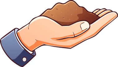 Tarla işçisi, beyaz, boş bir arkaplan üzerinde açık ve düz bir çizgi film formatında kahverengi toprak taşıyor. Çevresel temalar için ideal.