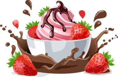 Çikolata soslu ve uçan çilekli pembe kremalı dondurma. Temiz beyaz arka planda güçlü ve canlı bir çikolata sıçramasıyla resmedilmiş..