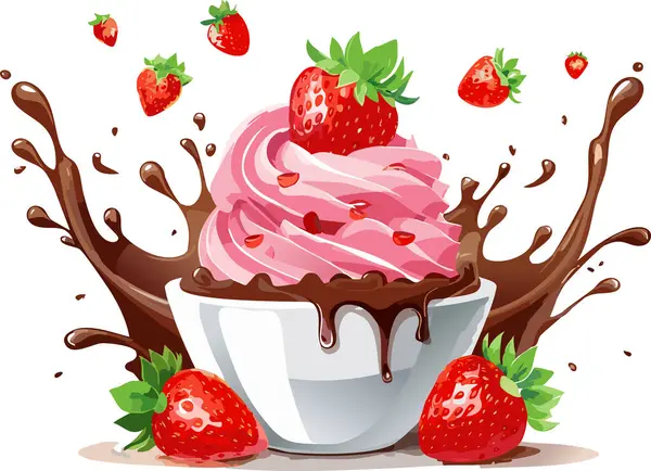 Eriyen çikolata ve uçan çileklerle kaplı pembe çilekli dondurmanın eğlenceli ve enerjik bir görüntüsü, beyaz arka planda canlandırılmış bir sıçrama..